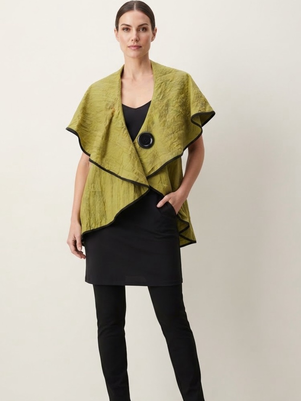 Luii Olive Green Ruffle-Front Draped Blouse with Black Trim
